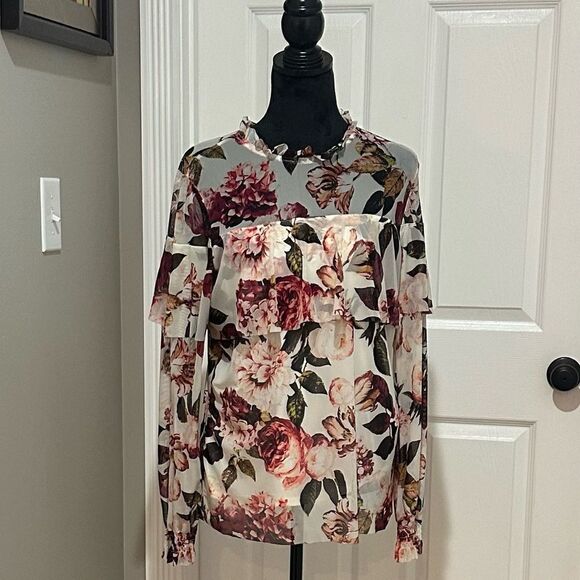 Worthington Floral Beautiful Mesh Blouse Lined Bodice Sheer Upper Sz L - Picture 2 of 5